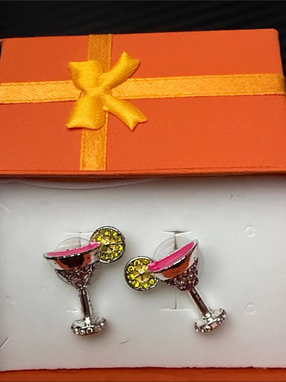 Betsey Johnson Pink Martini Glass Stud Earrings with Yellow Crystal